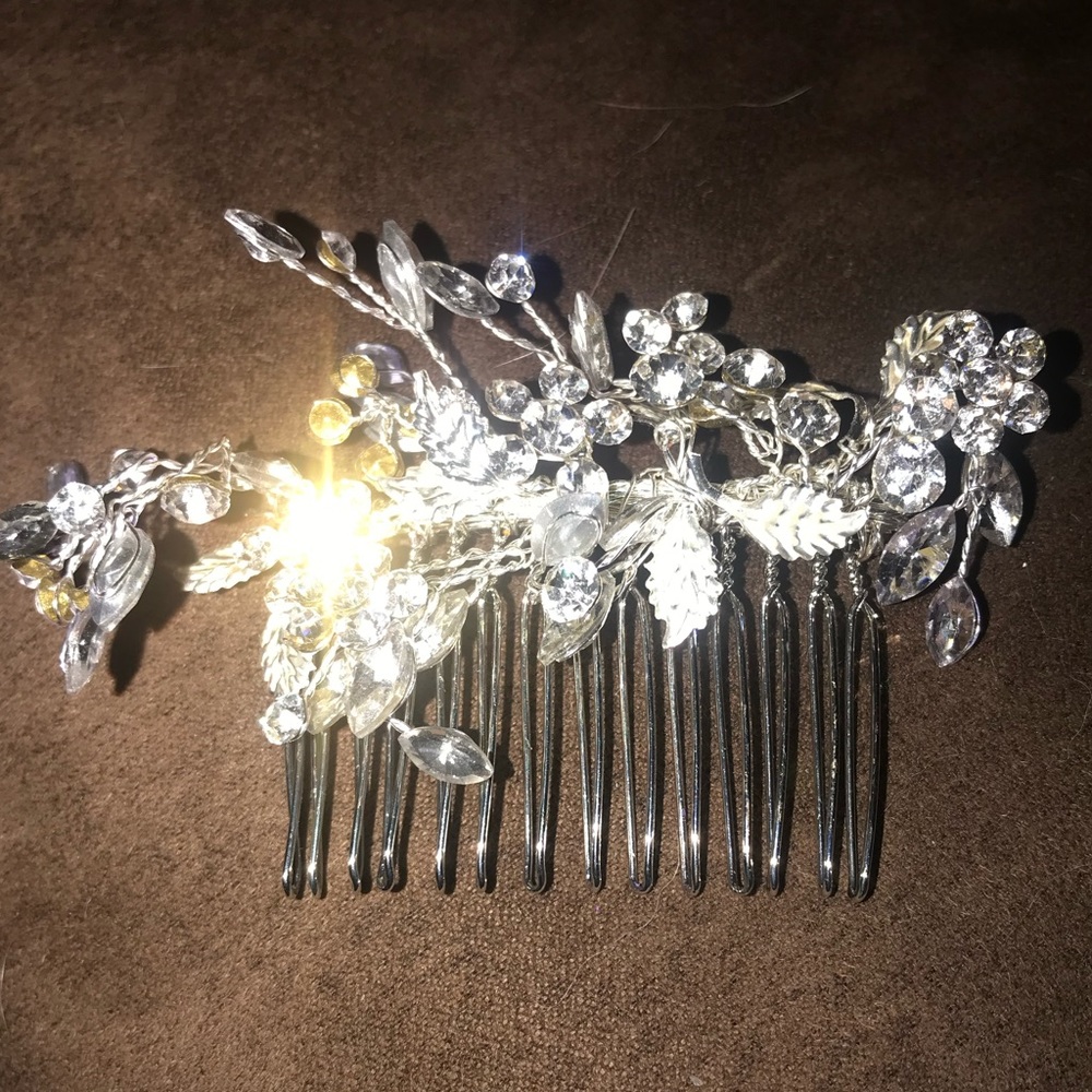 Glitter Prom wedding communion hair comb silver rhinestone autumn Spring leaves!